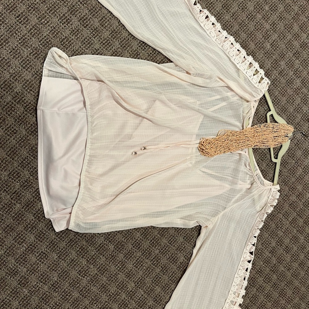 Alyx Cream Blouse with Lace Detail with multi layer beaded necklace that matches